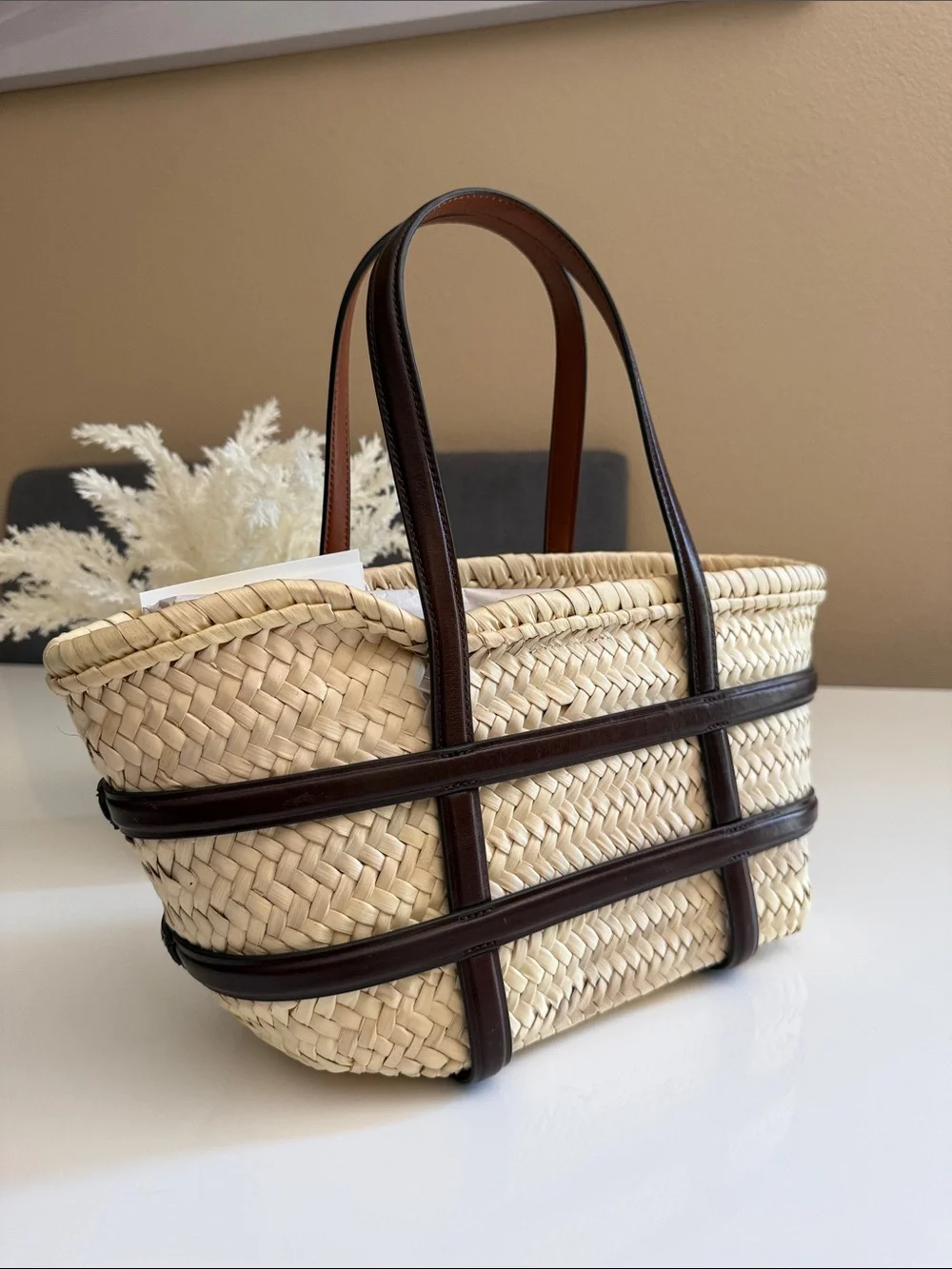 NWT , TORY BURCH ELLA STRAW SMALL BASKET SHOULDER BAG CLASSIC CUOIO